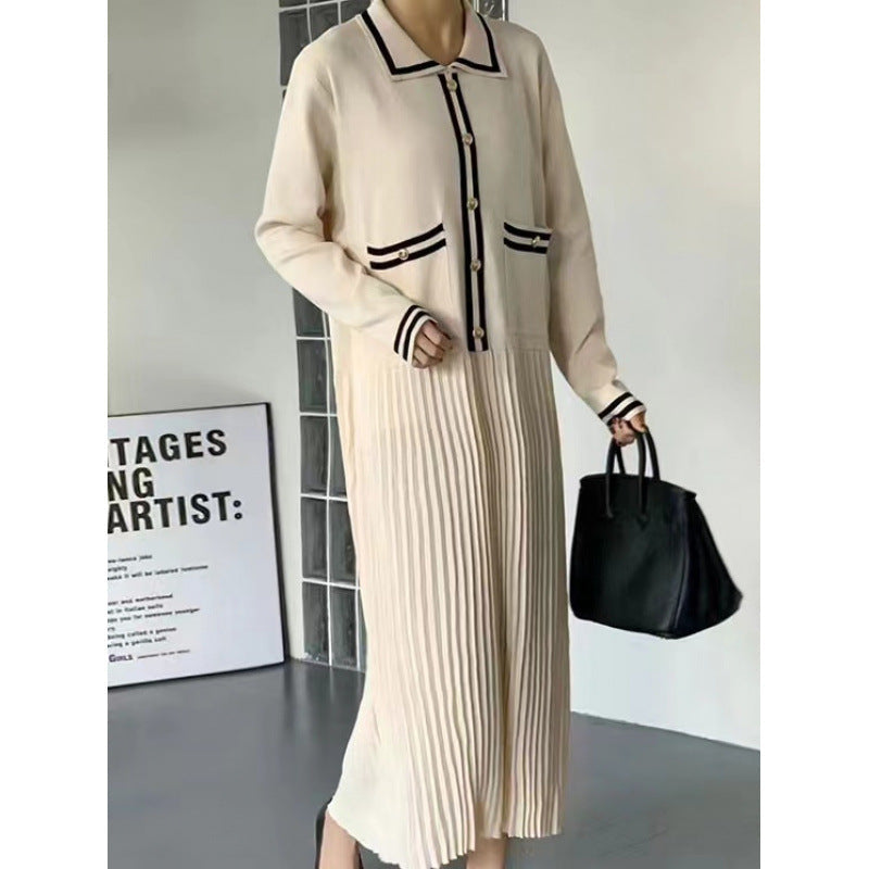 Women's Loose-fit Retro Knitted Dress With Turn-down Collar And Contrasting Colors