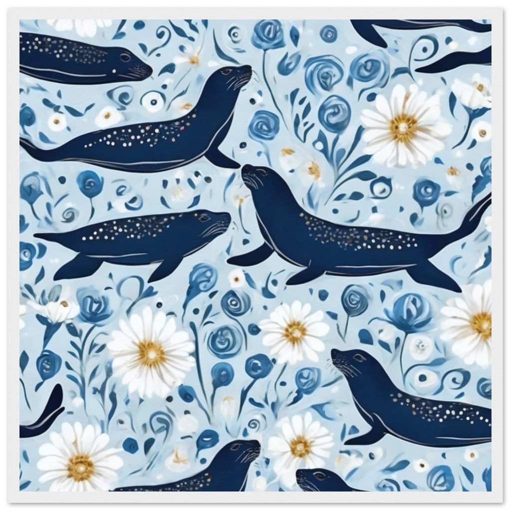 Whimsical Seal and Daisy Framed Wall Art – Coastal Nature Print, Ready to Hang