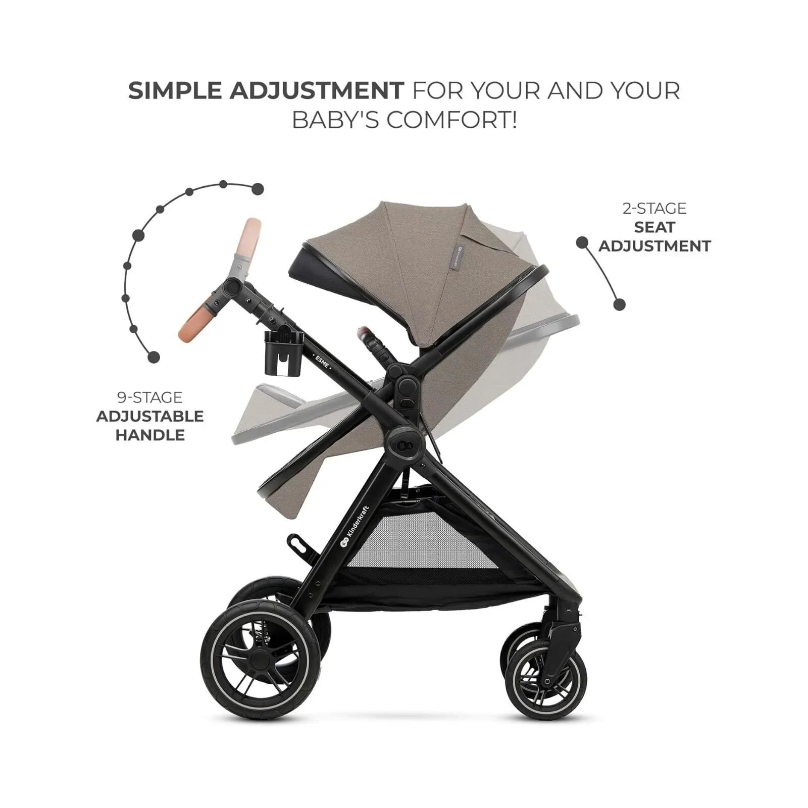 Kinderkraft Esme 3-in-1 Travel System with Mink Pro Car Seat - Sand Beige