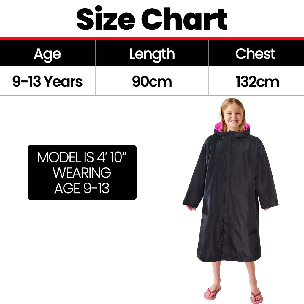 Changing Robe Kids Unisex Hooded Coat Black/Pink Windproof Waterproof Quick Dry for Beach Surfing Swimming by Heatwave Thermalwear