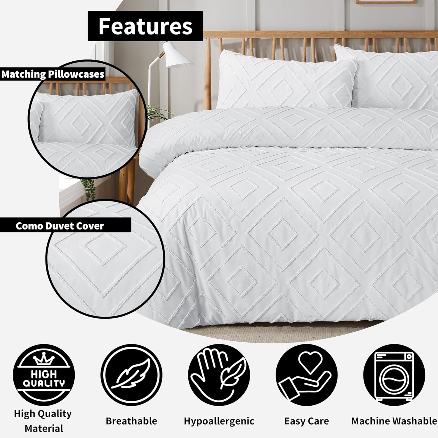 Como Tufted Duvet Cover Set with Pillowcases Grey Natural White Elegant Easy-Care Bedding Single Double King Sizes by OLIVIA ROCCO