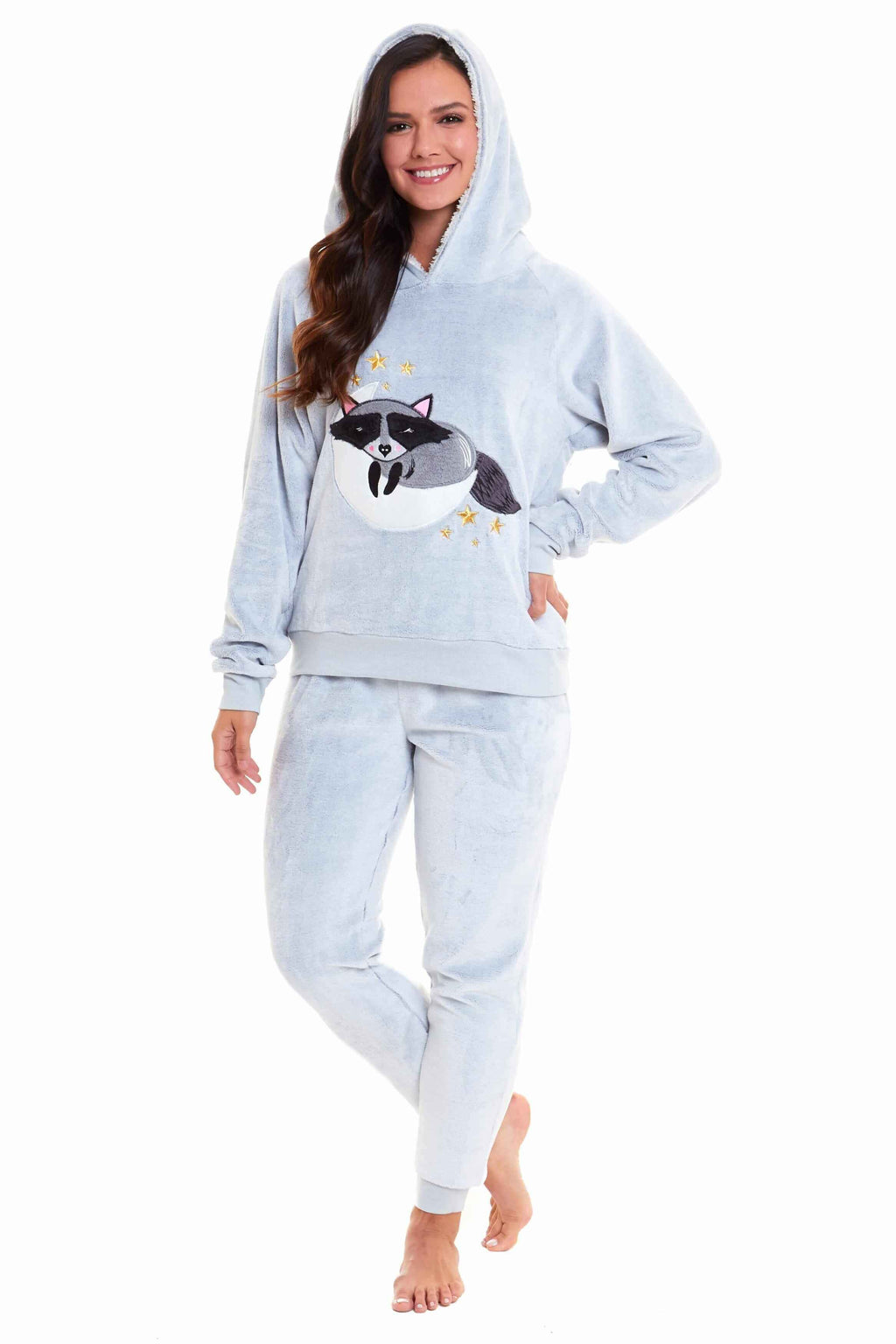 Cuddly Raccoon Fleece Hooded Pyjama Set for Women and Girls Super Soft Sherpa Lined Nightwear by Daisy Dreamer
