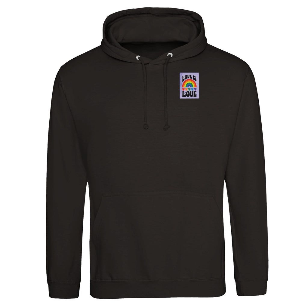 Love Is Love Hoodie – Retro LGBTQ+ Pride Pullover | JustHoods JH001 Premium Unisex Sweatshirt with Rainbow Pocket Print
