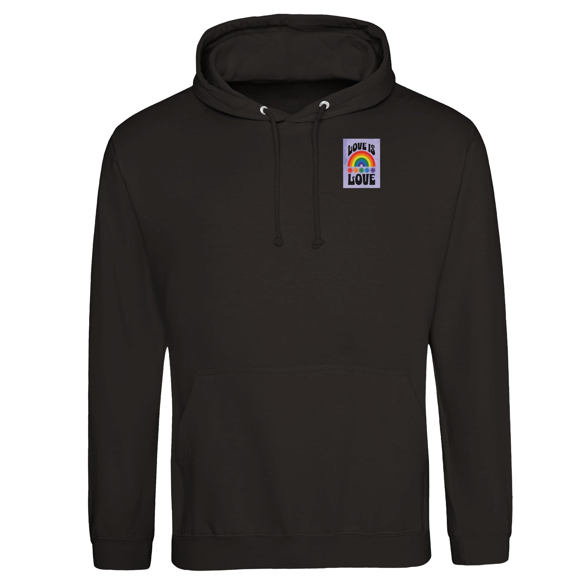 Love Is Love Hoodie – Retro LGBTQ+ Pride Pullover | JustHoods JH001 Premium Unisex Sweatshirt with Rainbow Pocket Print