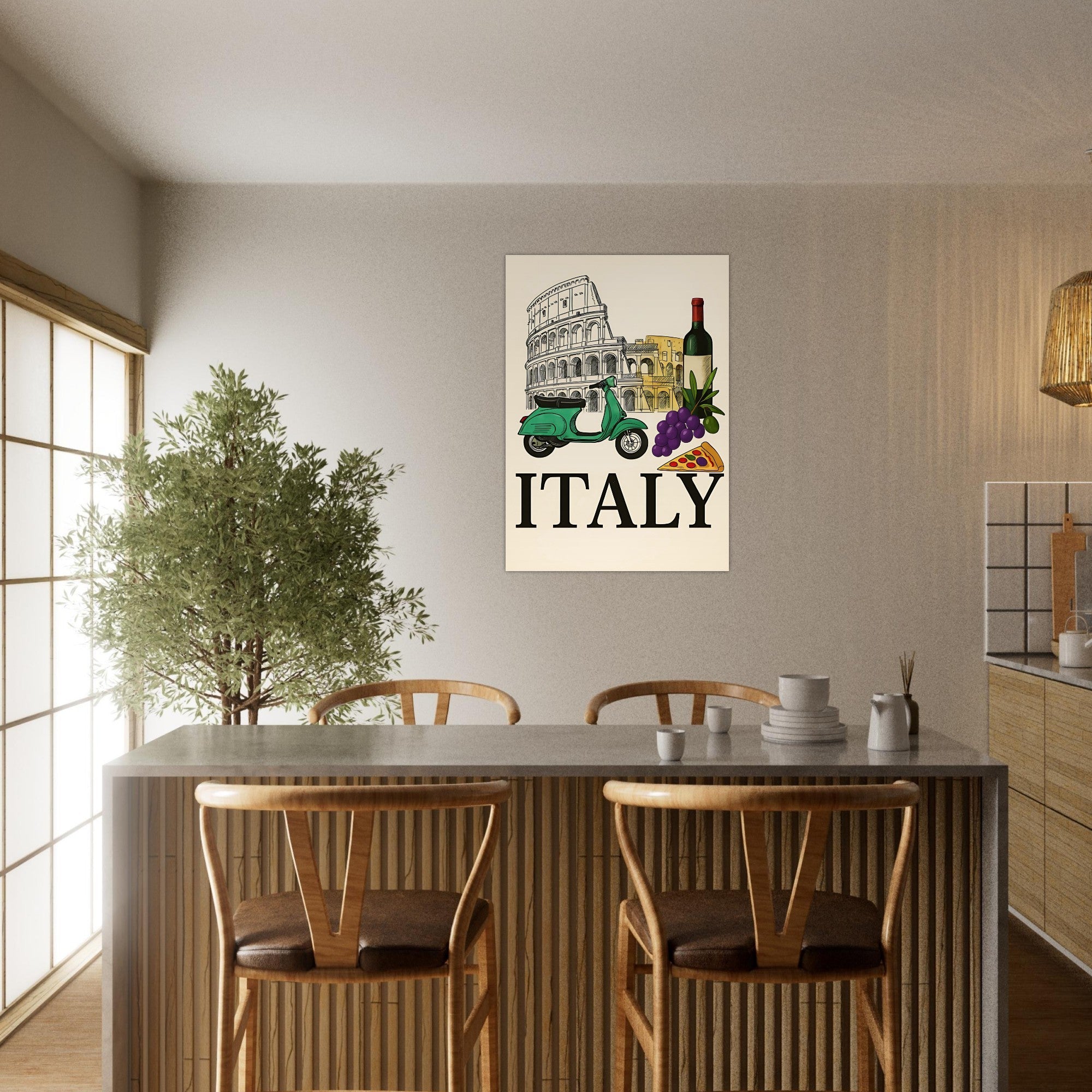 Vintage Italy Travel Poster - Vespa, Pizza & Wine - Italian Home Decor