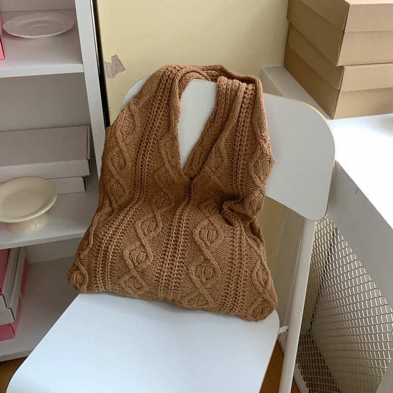 GWomen Shoulder Bags Portable Retro Hollow Knitted Woolen Yarn Bag Shoulder Tote Bag Solid Color Crochet Bag Large Capacity Shopping Tote Bags