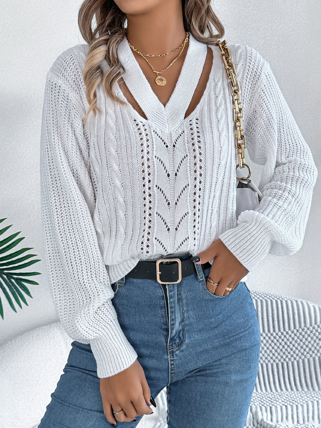 Women Casual Hollow Out V-Neck Cable Knit Lantern Sleeve Pullover Sweater