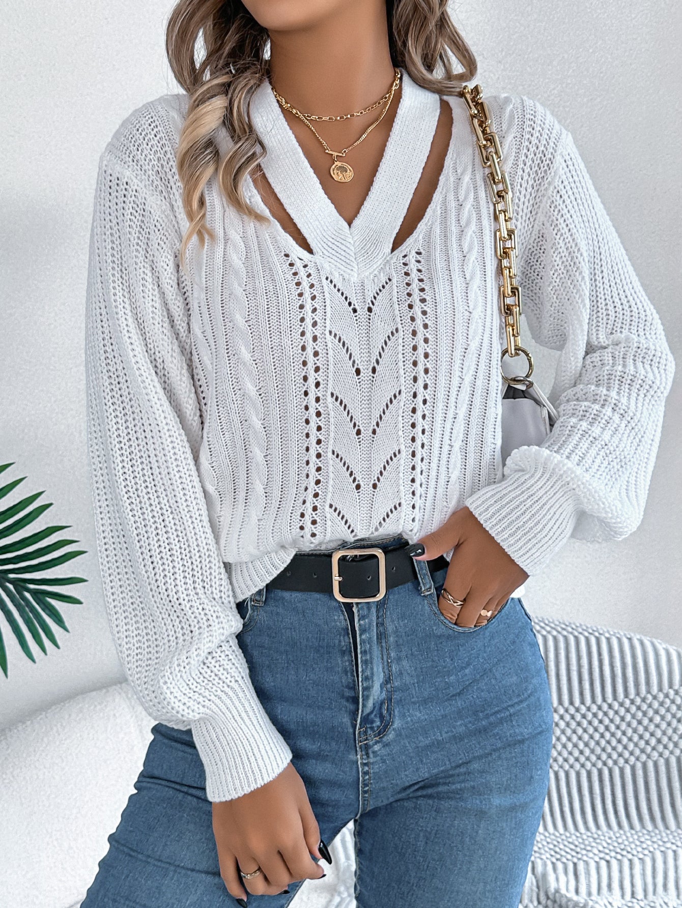 Women Casual Hollow Out V-Neck Cable Knit Lantern Sleeve Pullover Sweater