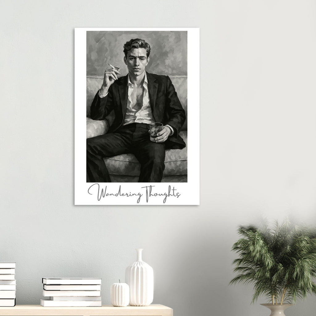 Contemplative Mood Poster. Stylish Man with Whiskey & Cigarette - Retro Decor