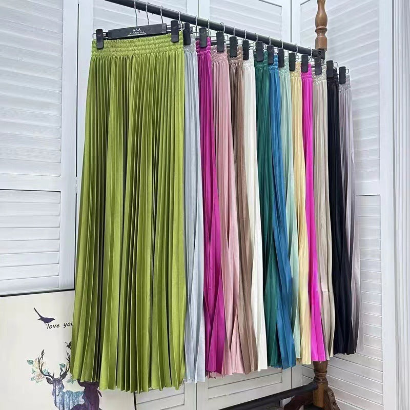 Draped Elastic-waist Versatile Figure-flattering Sophisticated Elegant Solid-color Maxi Skirt