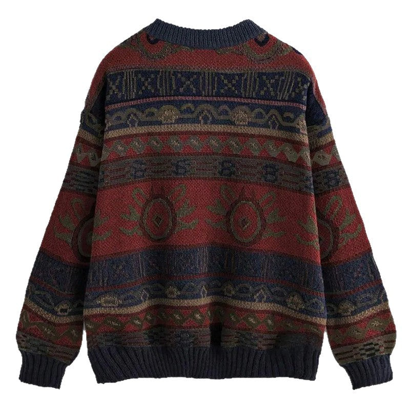 Women's Jacquard Color Block Pullover Sweater - Round Neck Knit