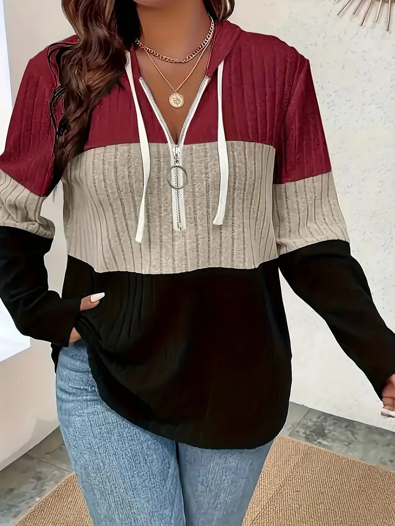 Color-blocked Oversized Hoodie With Half-zip And Drawstring
