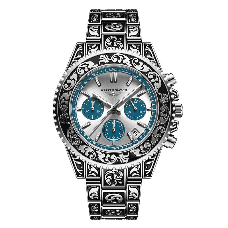 Vintage Engraving Quartz Multi-function Men's Watch