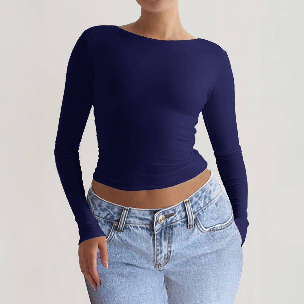 Chic Slim-fit Long-sleeve Solid-color Base T-shirt For Women