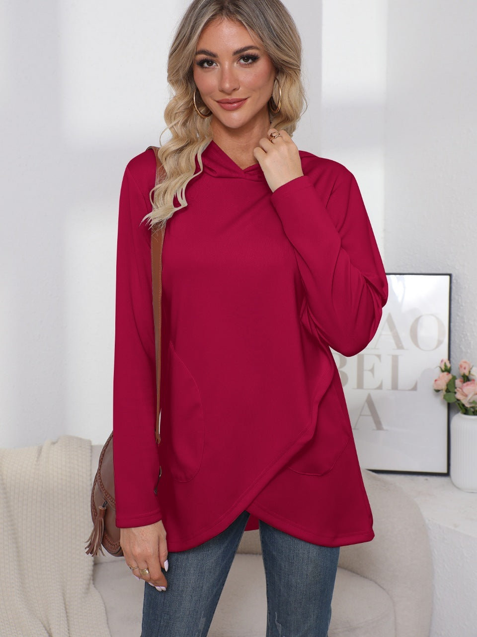 Long Sleeve Irregular Solid Color Hoodie Women