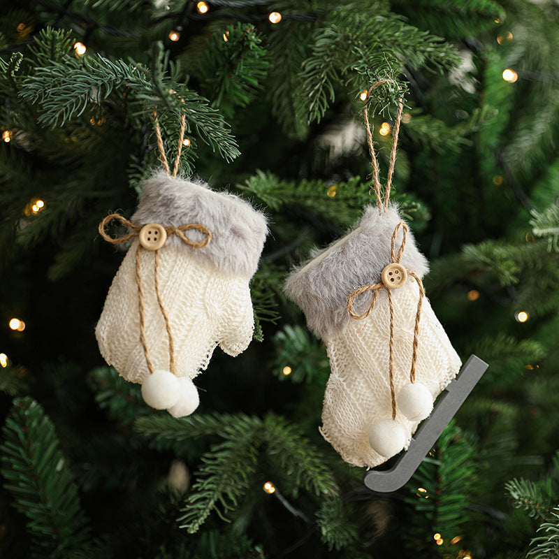 White Plush Fabric Pendant Gloves Sled Creative Christmas Tree Ornaments