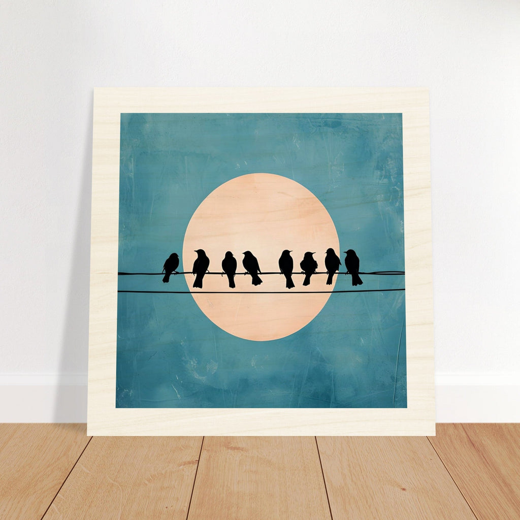 Birds on a Wire Wooden Wall Art - Minimalist Sunset Silhouette Print - Rustic Home Decor