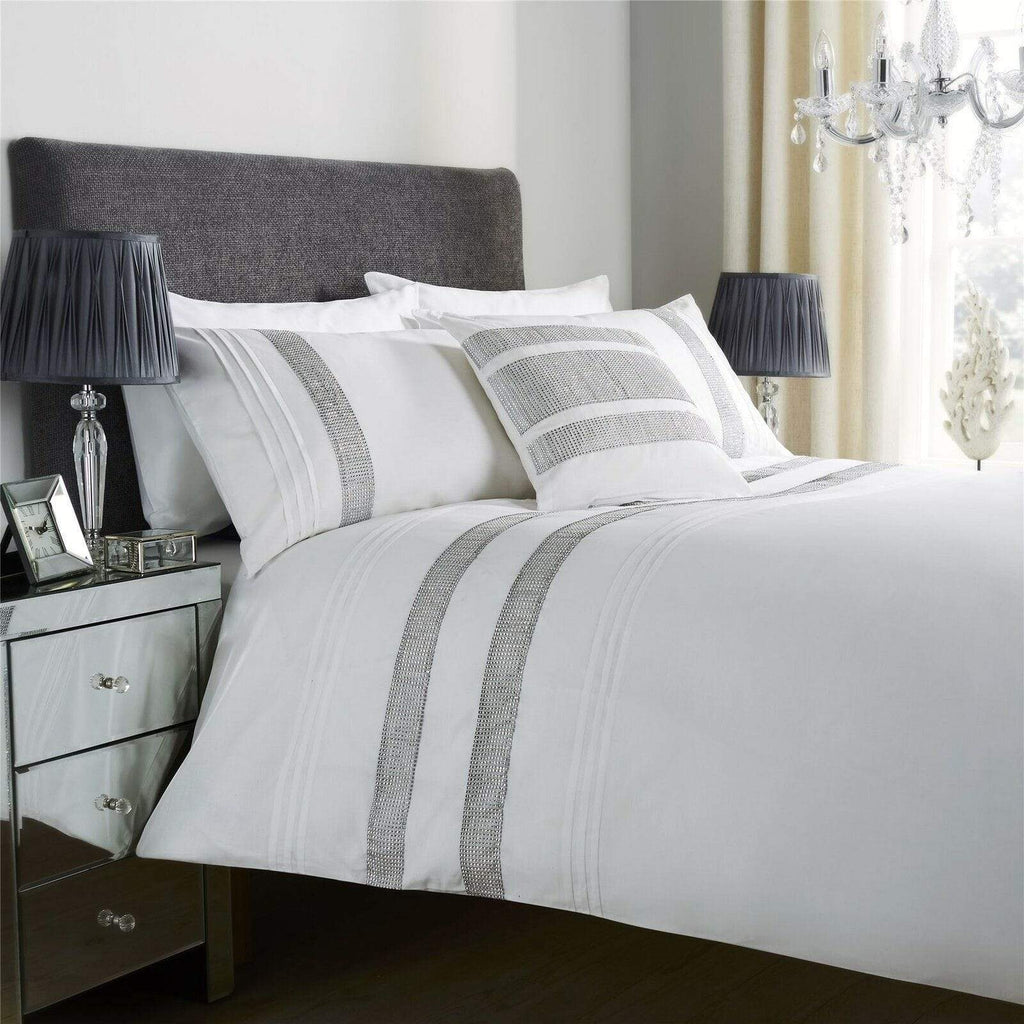 Diamante Glitz Luxurious Cotton Rich Duvet Set with Handwoven Sparkling Crystal Detailing for Elegant Bedroom Decor in All Sizes by OLIVIA ROCCO