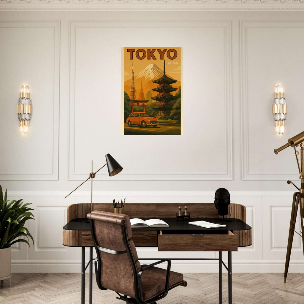 Vintage Tokyo Travel Poster – Retro Japan Wall Art with Mount Fuji