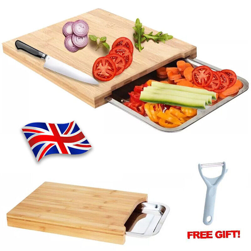 Bamboo Wooden Chopping Board Cutting Slicing  Sliding Stainless Steel Tray