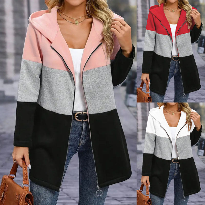 Autumn And Winter Leisure Fashion Loose Color Contrast Patchwork Hooded Jacket