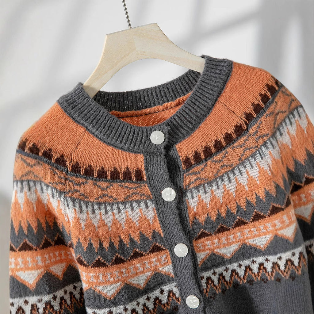 Contrast Color Single-breasted Long Sleeve Knitted Cardigan