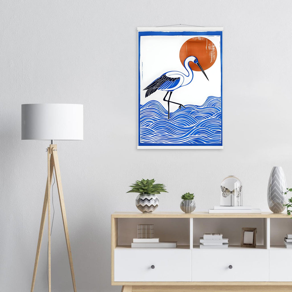 Minimalist Crane Wall Art Poster with Hanger - Japanese Ocean Prints - Modern Home Decor