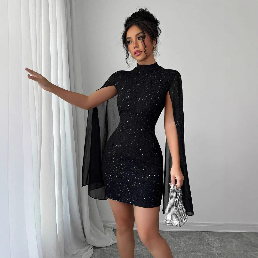 Women's Sexy Elegant Evening Party Dresses Round Neck Pit Stripe Pearl Chiffon Cape Sleeve Wrapped Hip Dress