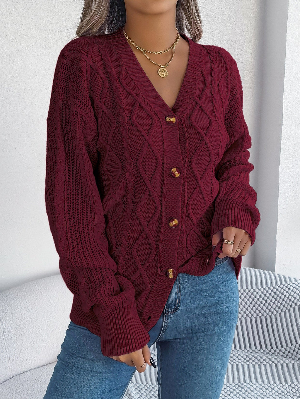 Women Casual V-Neck Lantern Sleeve Cable Knit Button Cardigan Sweater