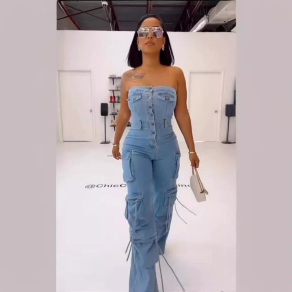 Tube Top Multi-pocket Workwear Jumpsuit Multi-button