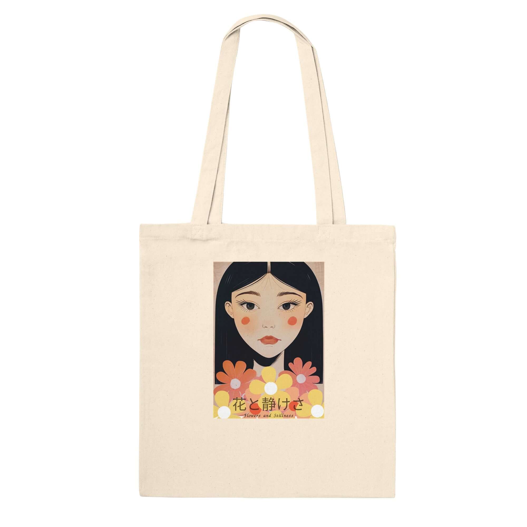 Flowers & Stillness Tote Bag – Japanese Portrait Eco Canvas Shopper – Artistic Floral Carryall Gift