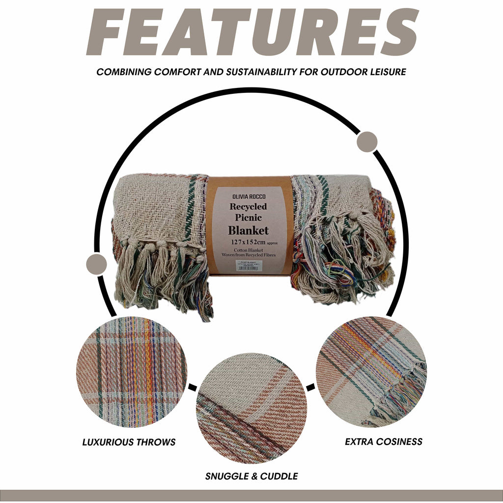 Eco-Friendly Recycled Cotton Picnic Blanket Check Stripe Design Super Soft Cozy Foldable and Packable for Beach Park Camping 130 x 150 cm by OLIVIA ROCCO