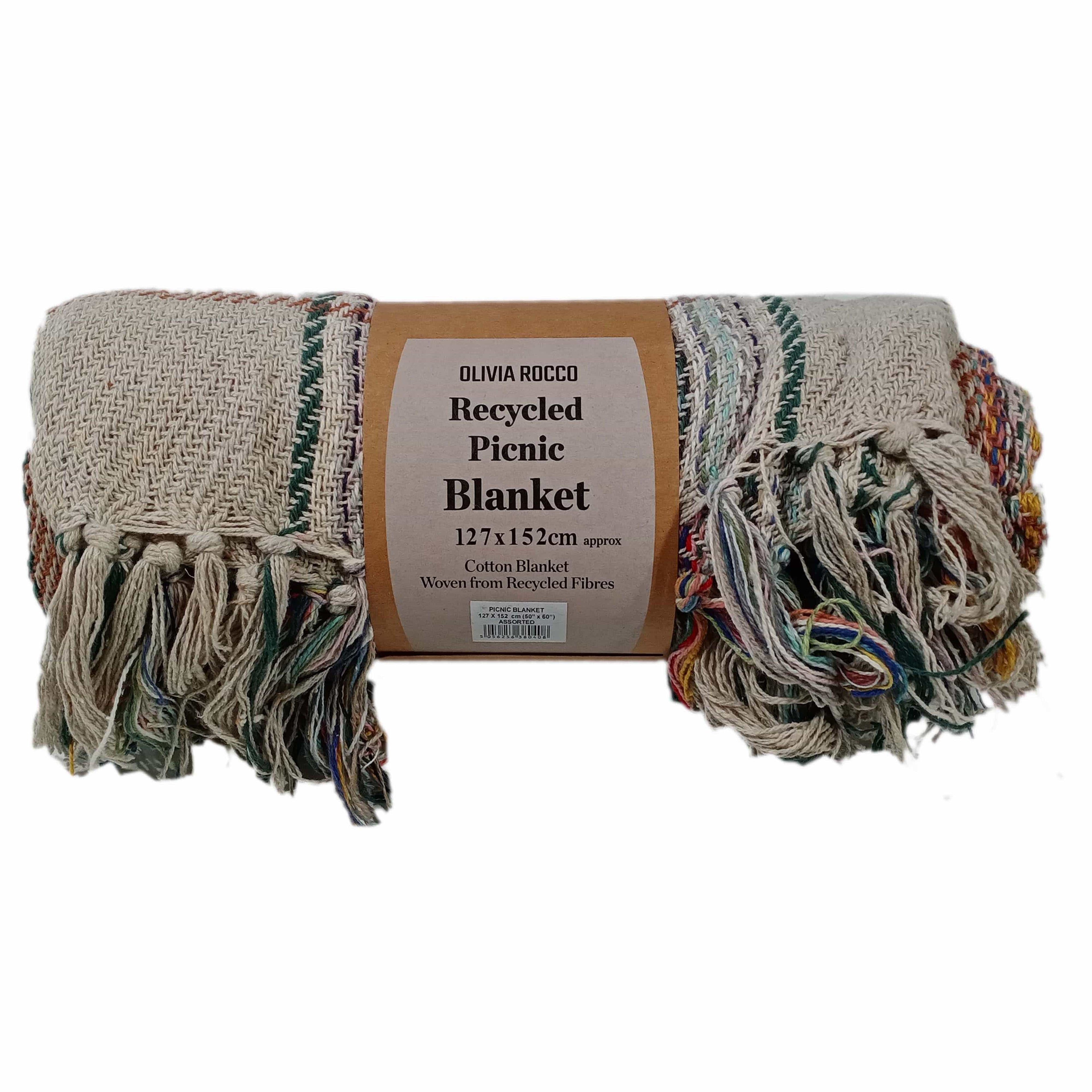 Eco-Friendly Recycled Cotton Picnic Blanket Check Stripe Design Super Soft Cozy Foldable and Packable for Beach Park Camping 130 x 150 cm by OLIVIA ROCCO