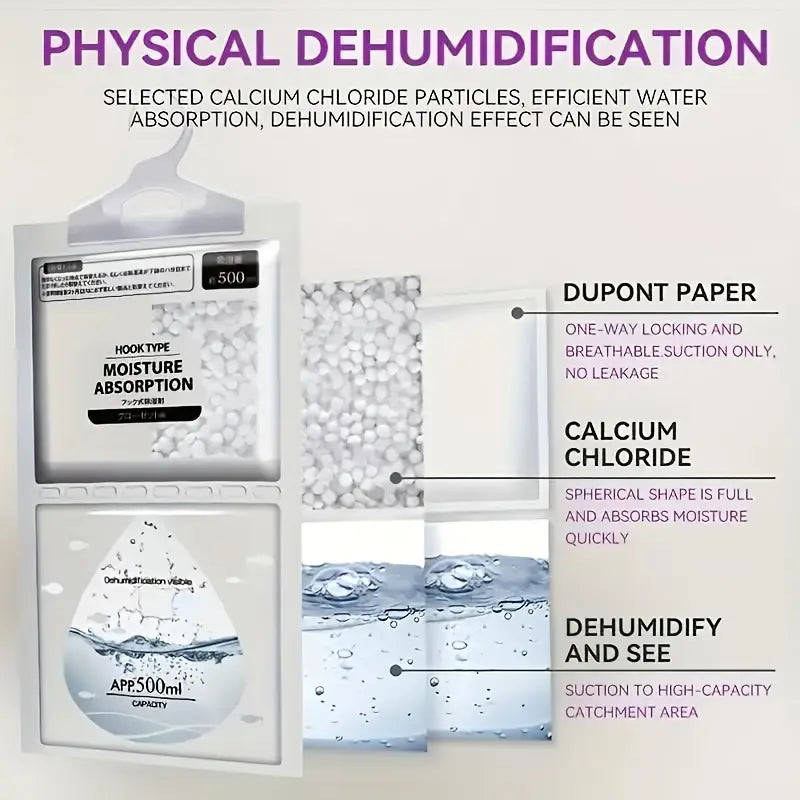 5-Pack Large Dehumidifier Bags 500ml – High Capacity Non-Electric Moisture Absorber for Closet, Wardrobe, Drawer & Home | Reusable Hanging Dehumidifiers, No Power Needed