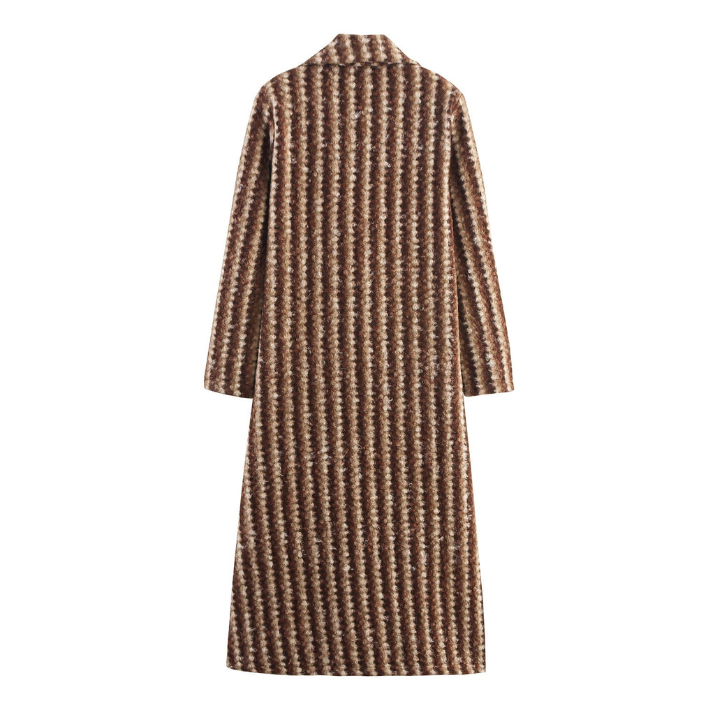Women's British Style Woolen Striped Wide Coat