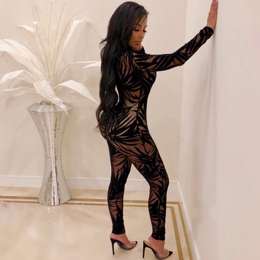 Women's Mesh Hollow Sheer Long Sleeve Tight Jumpsuit