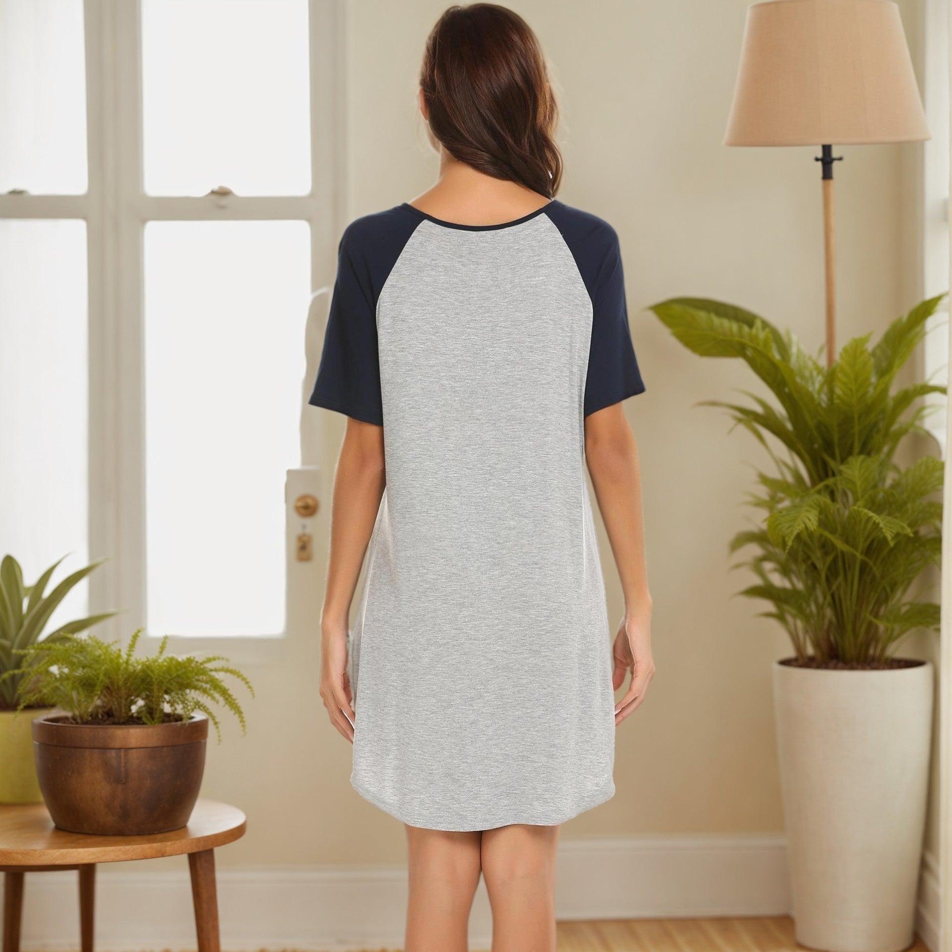 Women's Double Brushed Color Contrast Patchwork Nightdress