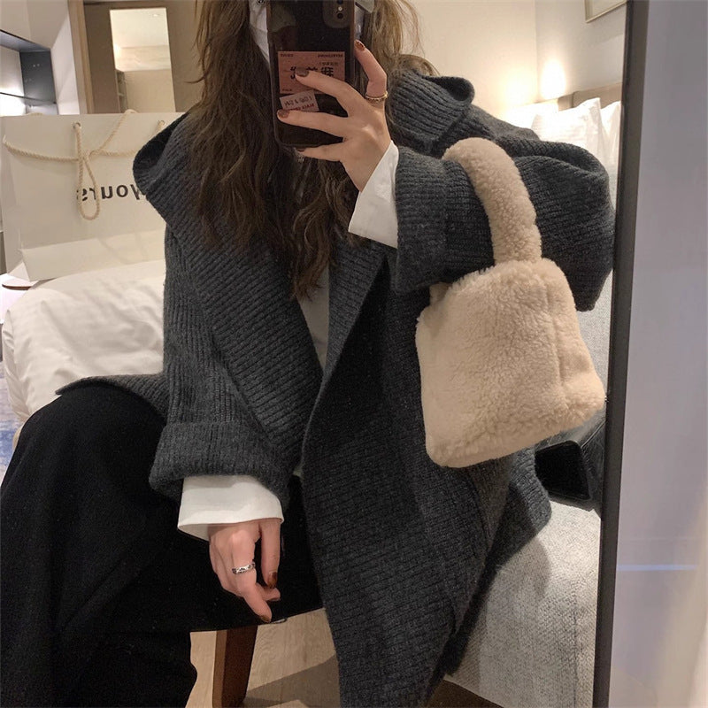 Hooded Pocket Knitted Cardigan Plus Size Women's Thickened