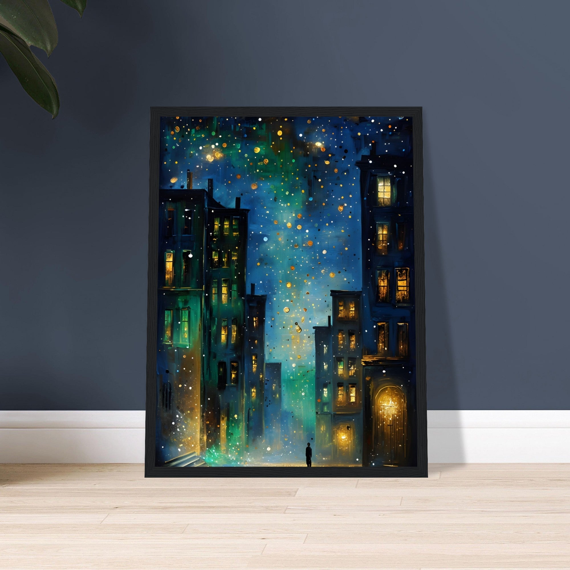 Surreal Urban Night Scene Poster - Vibrant Reflection - Black Framed Art Ready to Hang