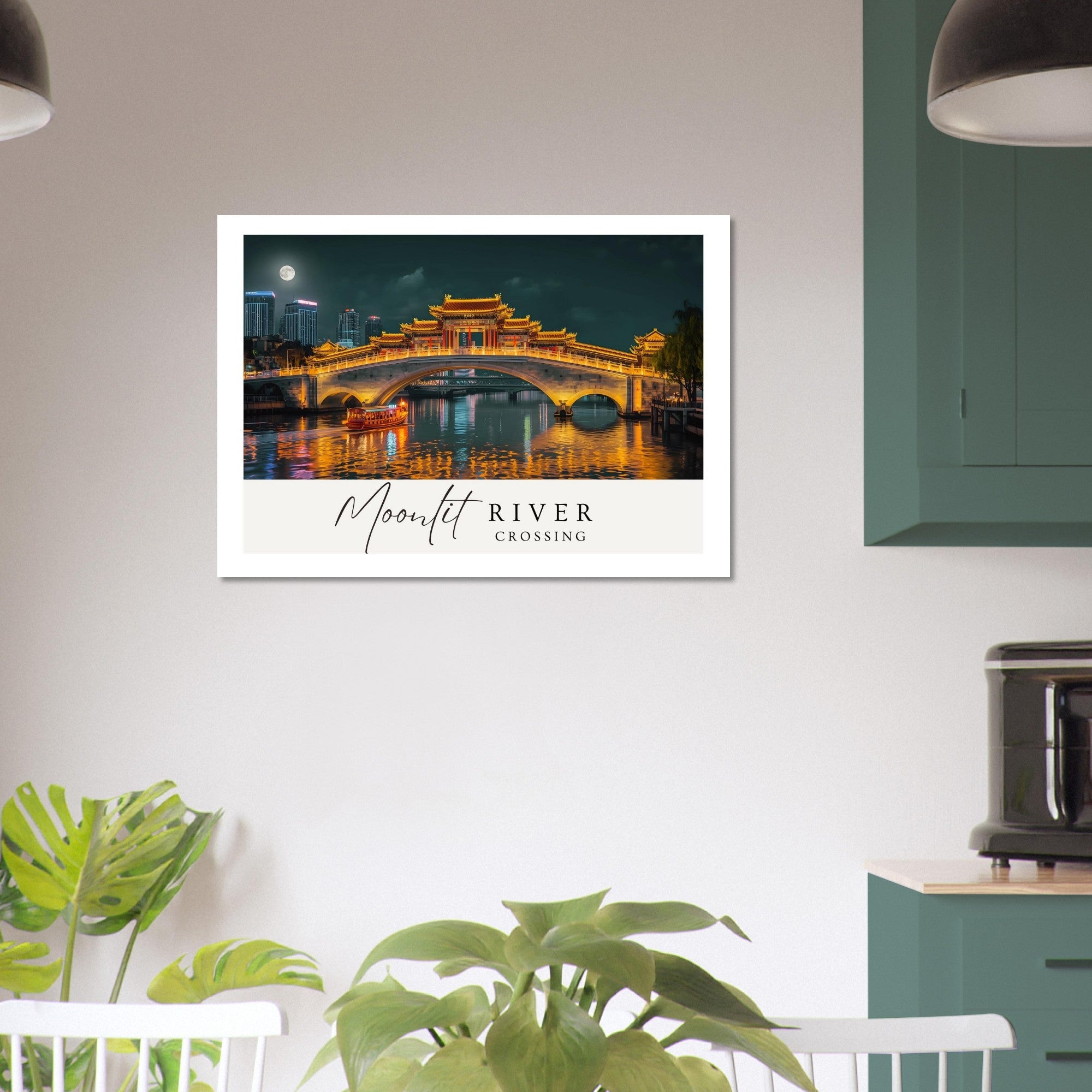 Moonlit River Crossing Poster - Illuminated Bridge Night Scene - Modern Landscape Wall Art Print