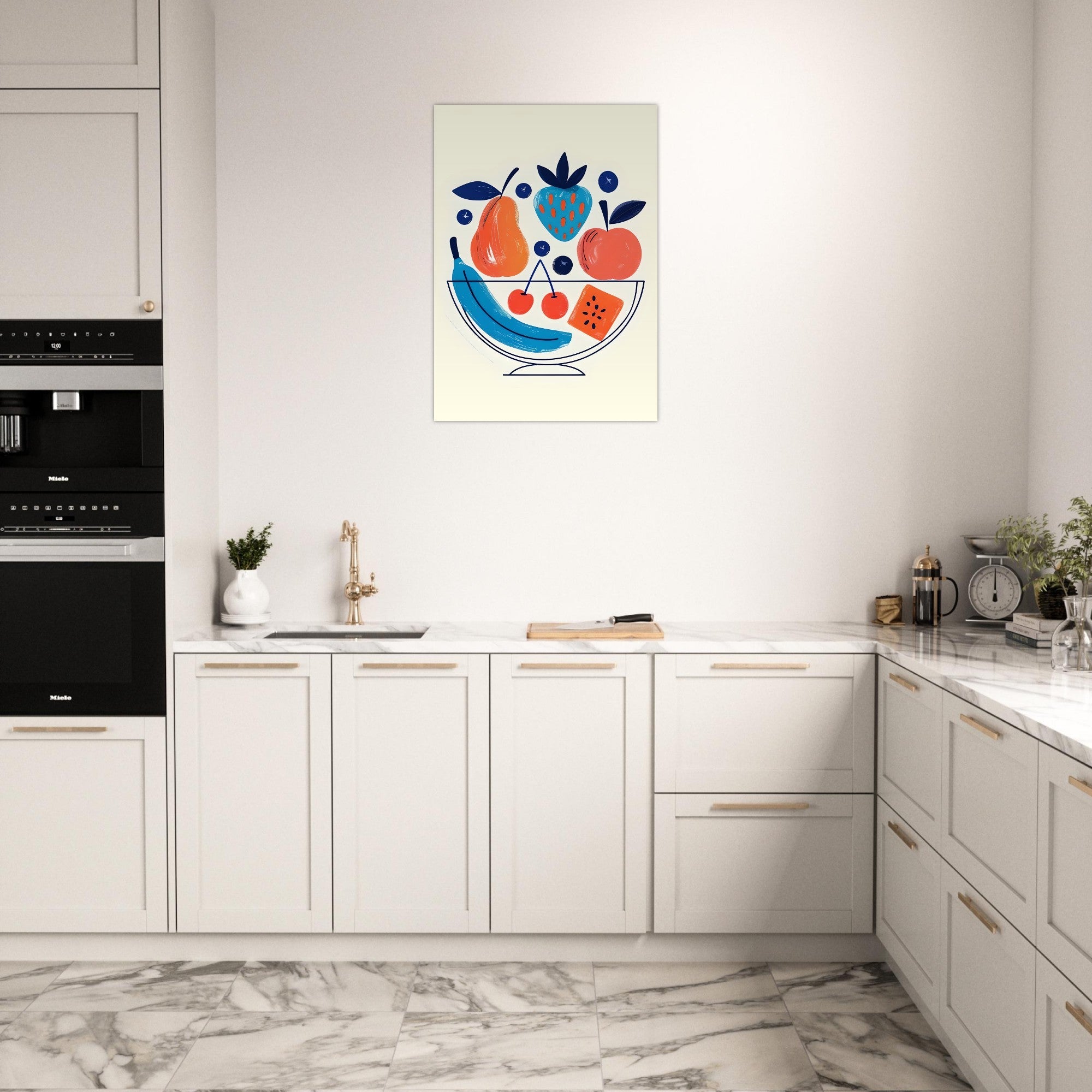 Modern Fruit Bowl Poster - Scandinavian Kitchen Wall Art - Colorful Food Illustration Print