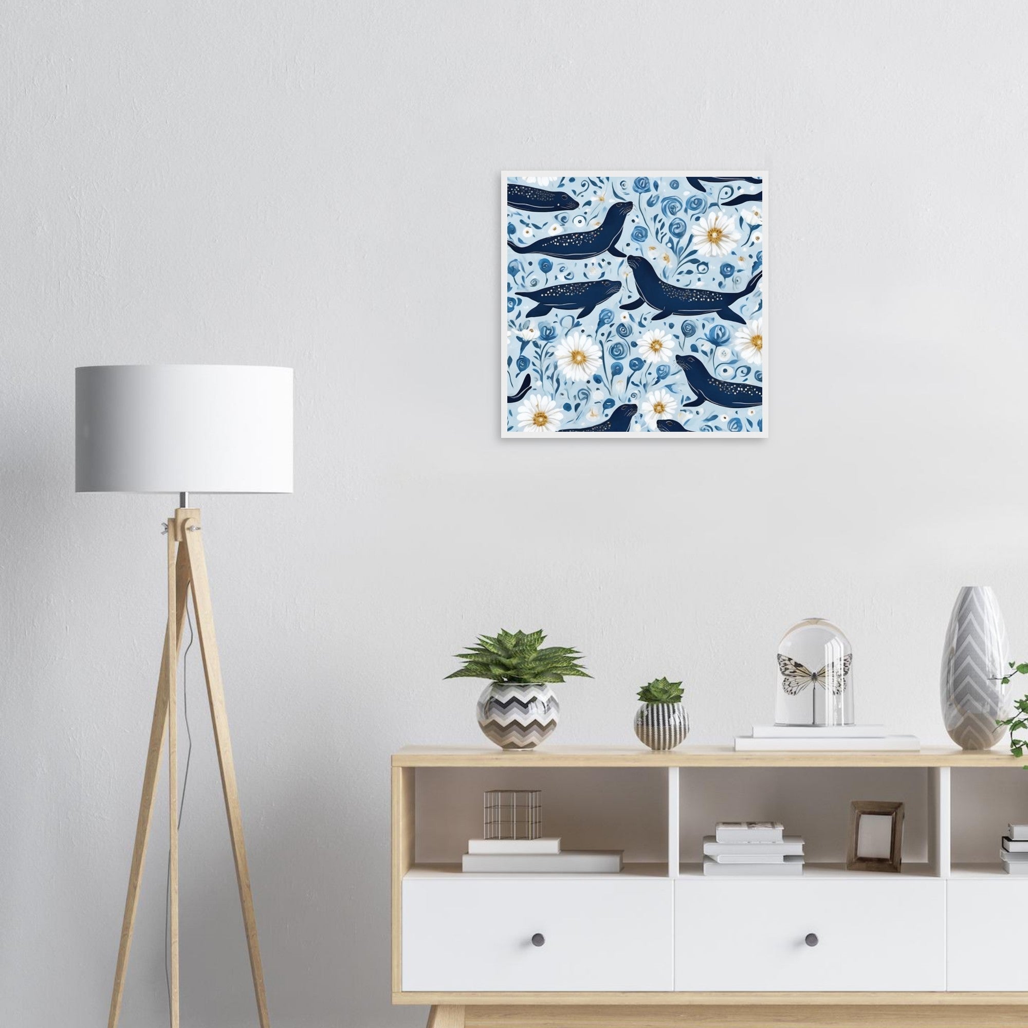 Whimsical Seal and Daisy Framed Wall Art – Coastal Nature Print, Ready to Hang