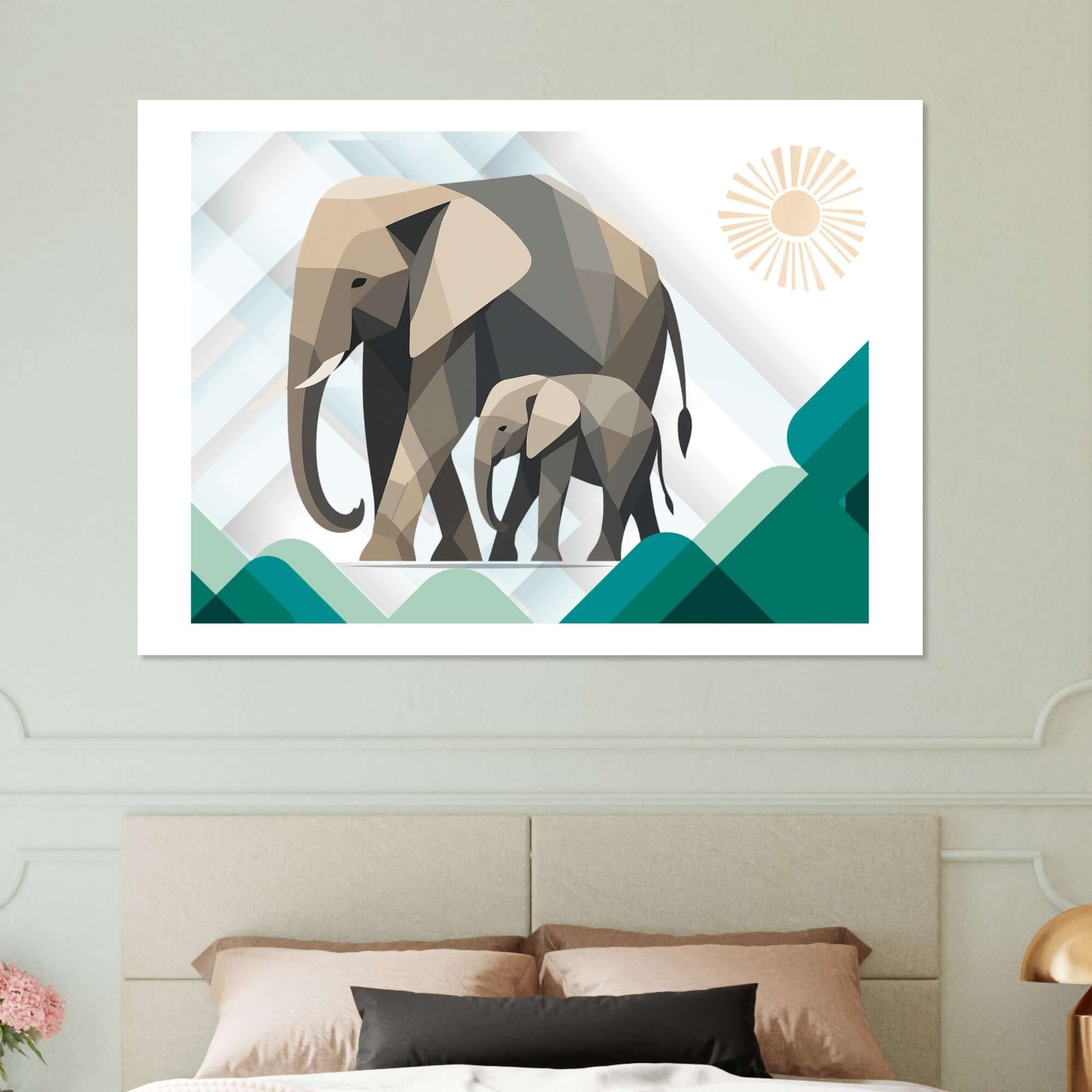 Elephant Duo Wall Art - Neutral Geometric Wildlife Illustration - Eco-Friendly Poster