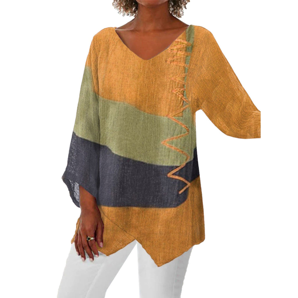 Ins Colorblock Print V-neck Long Sleeve T-Shirt Fashion Loose Tops Autumn And Spring Women's Clothing