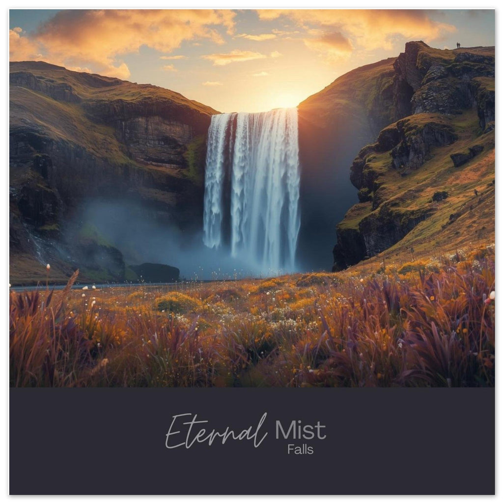 Eternal Mist Waterfall Poster | Sunset Landscape Wall Art | Modern Nature Decor