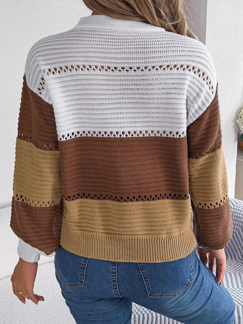 Women Casual Button V-Neck Hollow Out Color Block Lantern Sleeve Pullover Sweater
