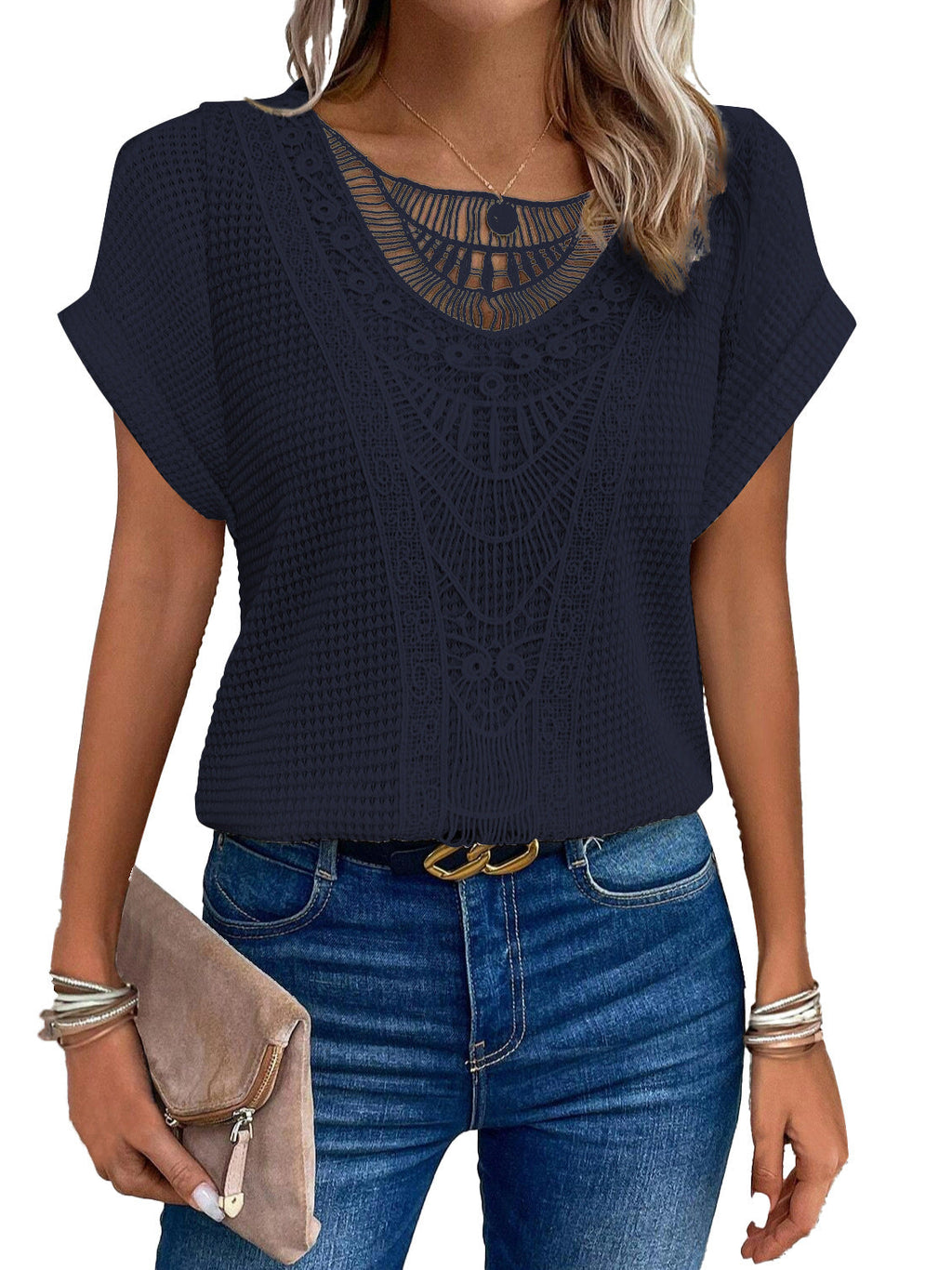 Summer Hollow Out Short-sleeved T-shirt Fashion Ethnic Style Tops Women's Clothing