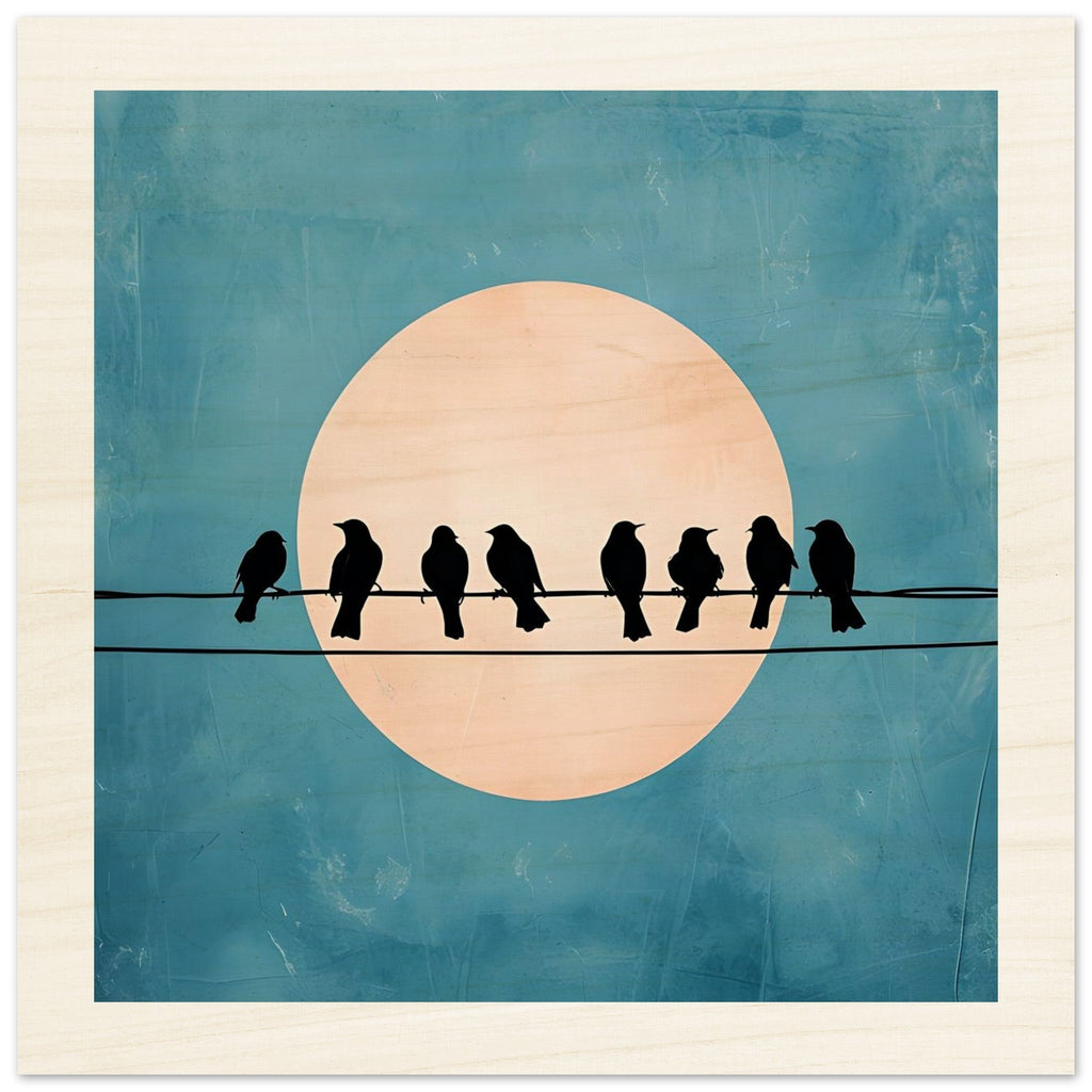 Birds on a Wire Wooden Wall Art - Minimalist Sunset Silhouette Print - Rustic Home Decor