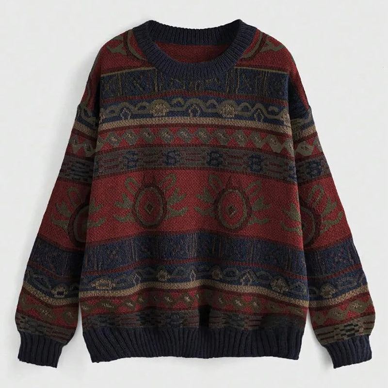 Women's Jacquard Color Block Pullover Sweater - Round Neck Knit