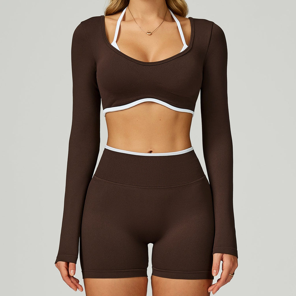 Seamless Color-blocking Yoga Set With Hollow Back And High-waist Fitness Wear